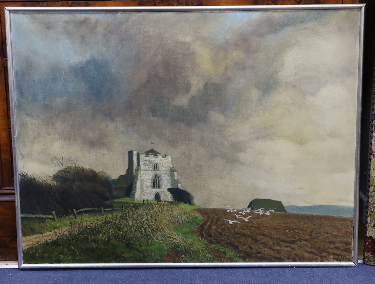 Ron Dellar, oil on canvas, 'Stormy weather, Hamsey Church, Sussex', signed and dated '72, 75 x 101cm